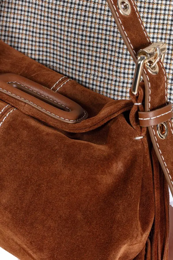 Topstitched Suede Leather Fringed Shoulder Bag 4 Image