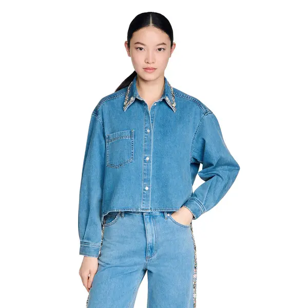 Long Sleeves Denim Shirt with Rhinestones 2 Image