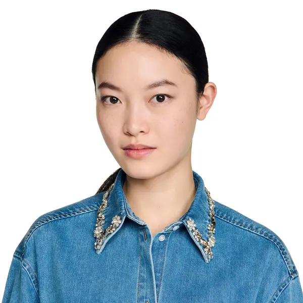 Long Sleeves Denim Shirt with Rhinestones 3 Image