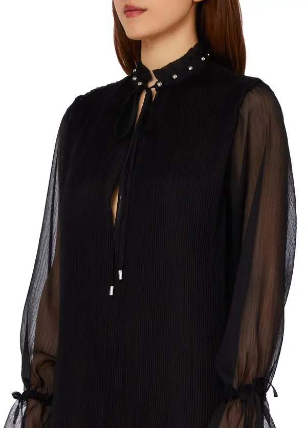 Pleated Short Dress with Jewel Embellishments 2 Image