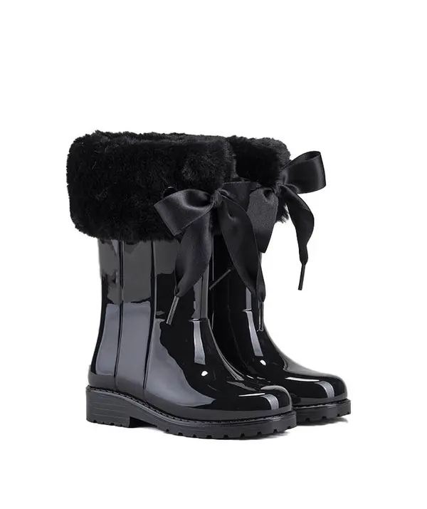 Faux-Fur Trimmed Ribbon Rain Boots 1 Image