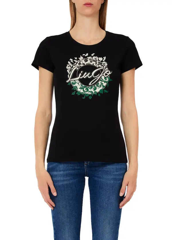 Printed Cotton T-shirt with Rhinestones 2 Image