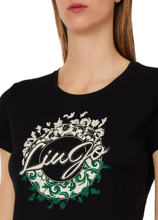 Printed Cotton T-shirt with Rhinestones 3 Image