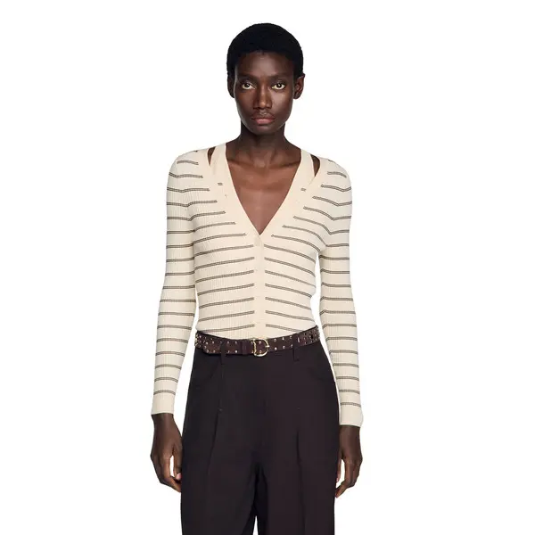 Striped V-neck Cardigan 2 Image