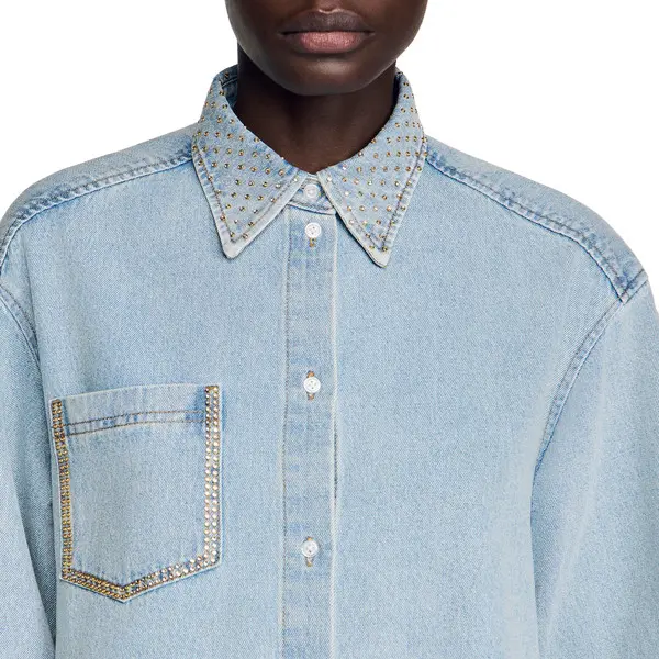 Rhinestone Cropped Denim Shirt 2 Image
