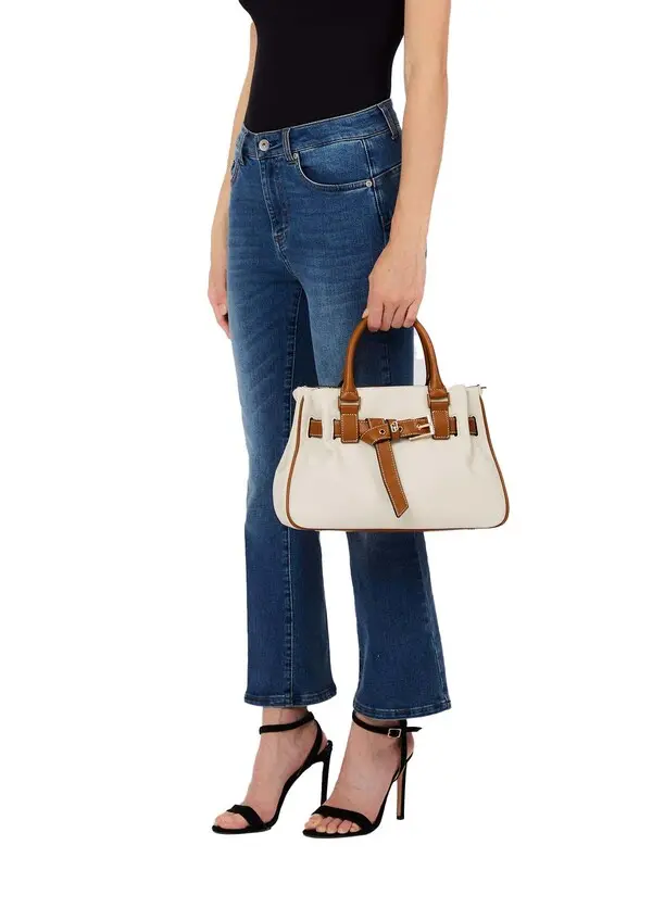 Grained Faux-Leather Tote Bag with Decorative Front Belt 4 Image