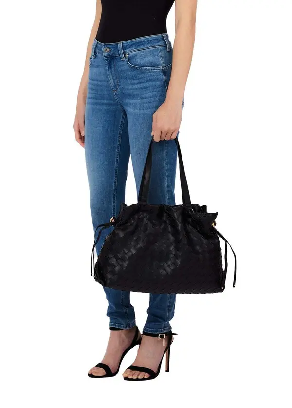 Woven Leather Tote Bag with Drawstring Detail 1 Image