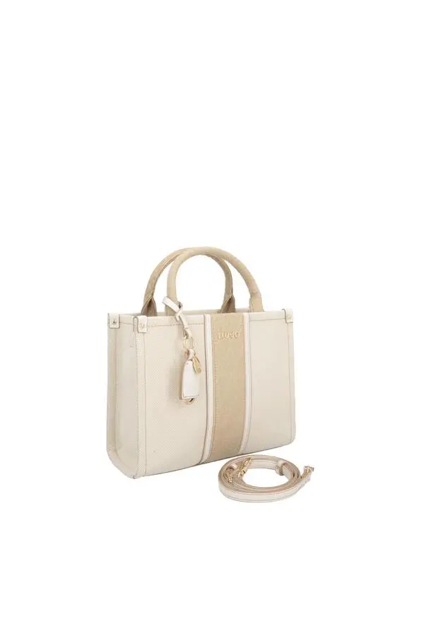 Denim Mini Tote Bag with Tan Leather Trim and Studded Logo Charm 1 Image