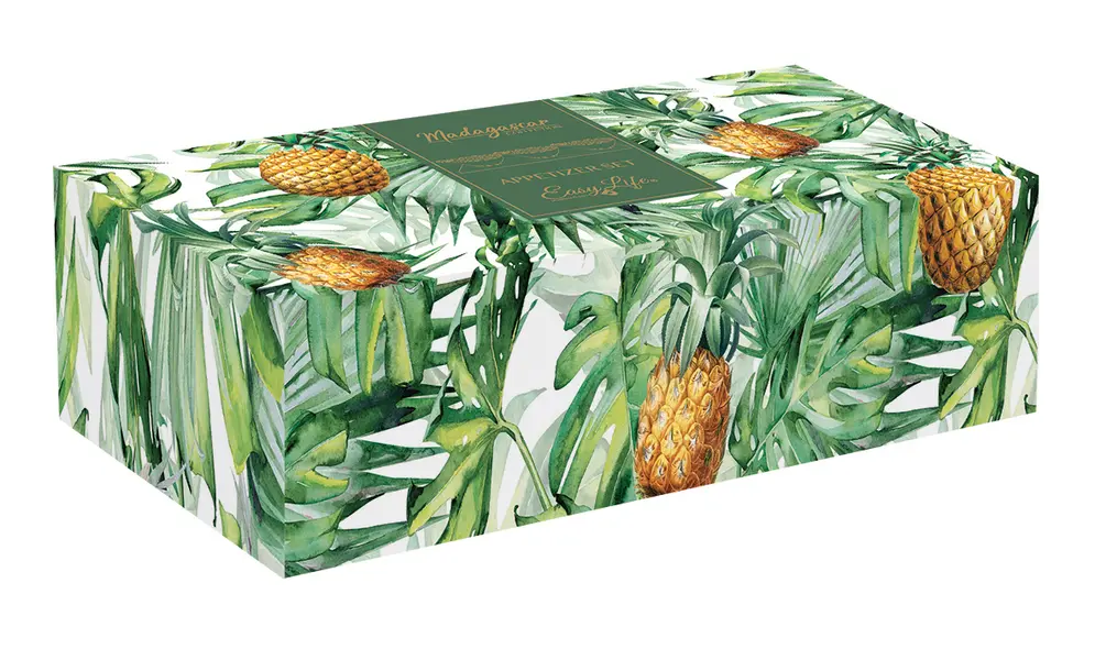 Appetizer Set - 3 Porcelain Pineapple Bowls on Bamboo Tray 29x11 1 Image