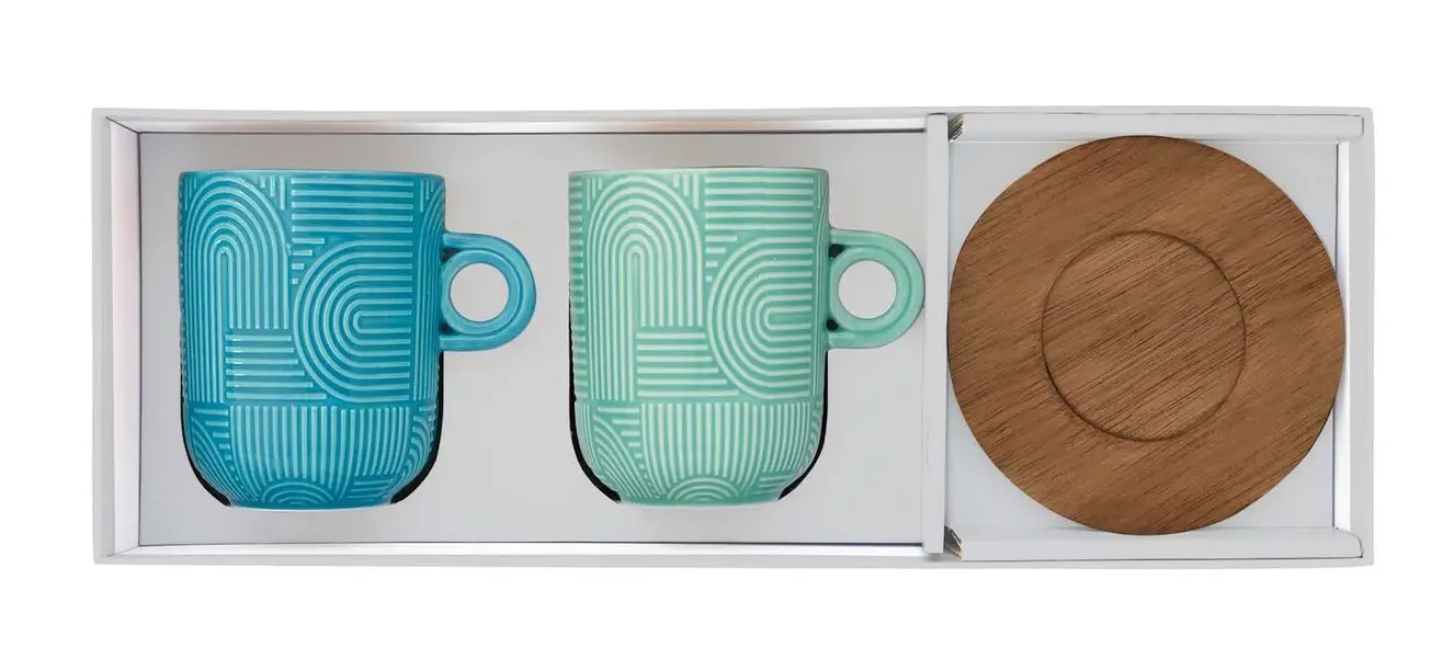 Set of 2 - Porcelain Mugs with Acacia Saucers 350ml Green & Blue 2 Image
