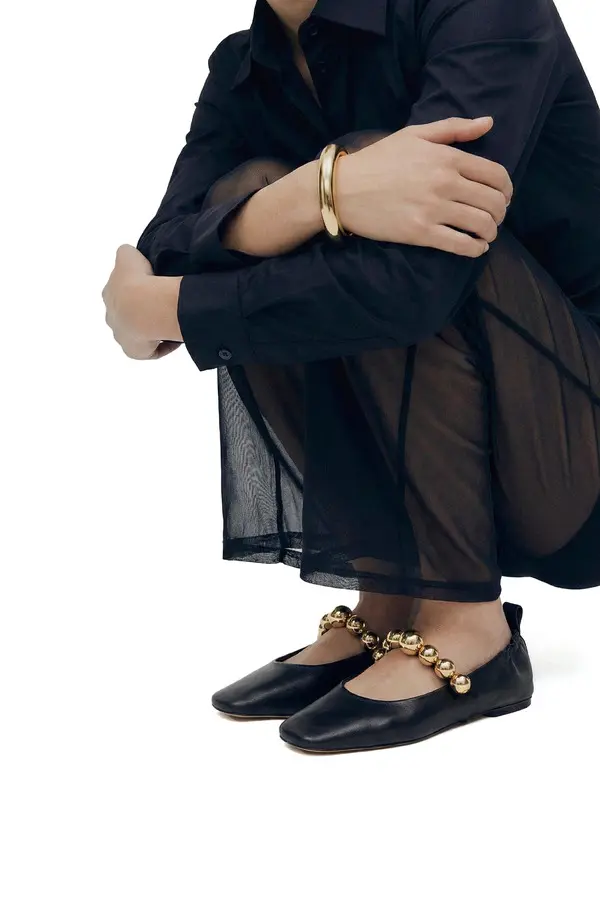 Leather Ballet Flat with Gold Bead Strap 3 Image