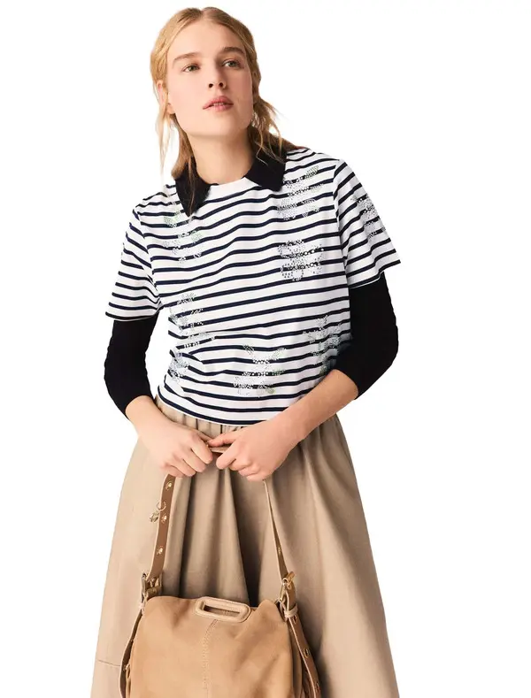 Striped Rhinestone Flower T-Shirt 3 Image