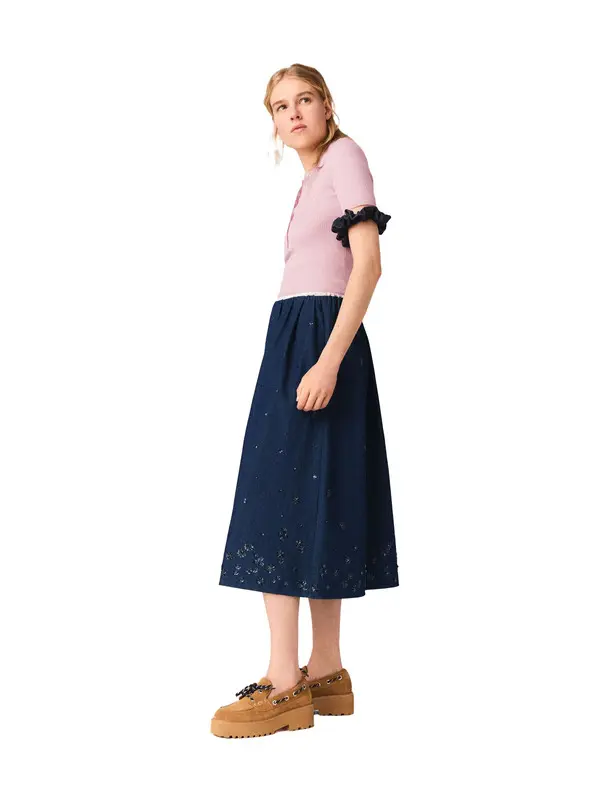 Embroidered Denim Midi Skirt 2 Image