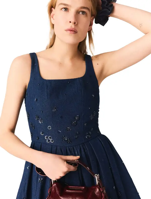 Flared Embroidered Denim Dress 1 Image