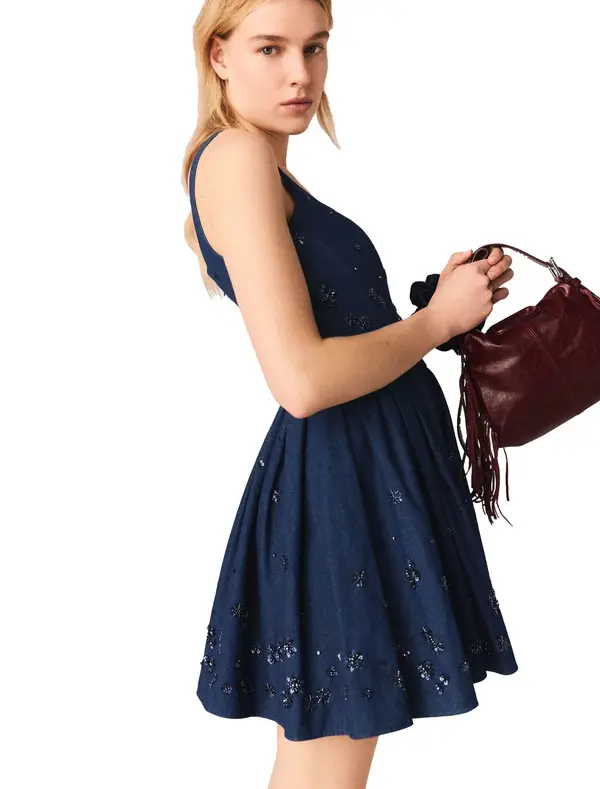 Flared Embroidered Denim Dress 4 Image