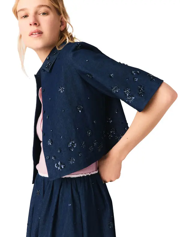Embroidered Cropped Denim Shirt 4 Image