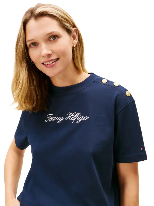 Gold-Tone Button Logo Embroidery Relaxed T-Shirt 1 Image