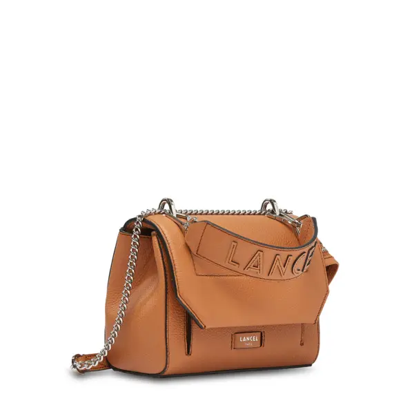 Small Grained Leather Crossbody Bag with Wide Logo Handle -  Camel 3 Image
