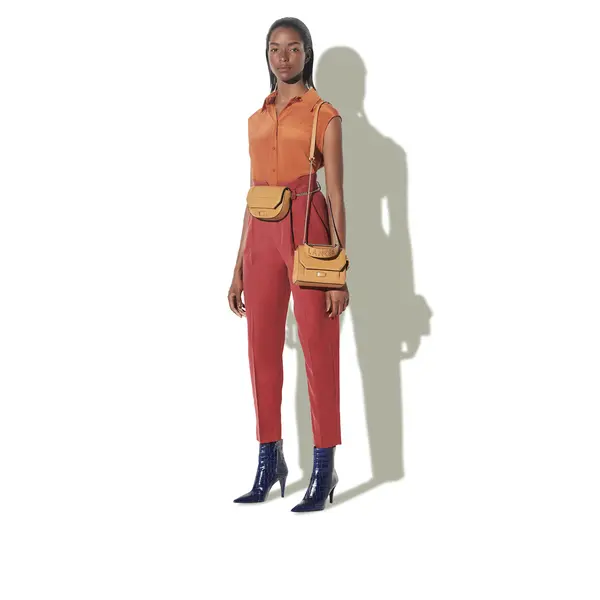 Small Grained Leather Crossbody Bag with Wide Logo Handle -  Camel 4 Image