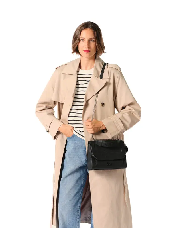 Medium Grained Leather Crossbody Bag with Wide Logo Handle -  Black 4 Image