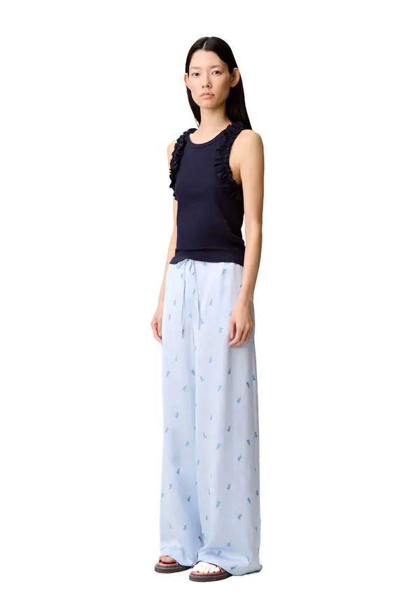 Embroidered Cotton Sleeveless T-Shirt with Poplin Ruffles  2 Image