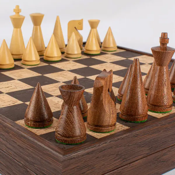 Brown Natural Cork Chessboard 34cm Inlaid on wooden box with natural & brown chessmen 1 Image