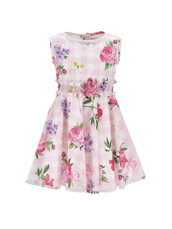 Gingham Floral A-Line Dress with Smocked Waist 1 Image