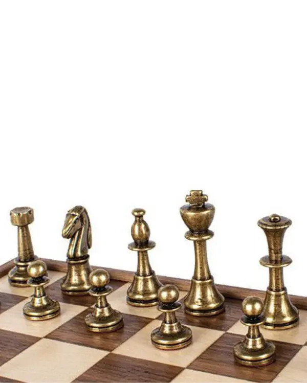 Wooden Chess set with Metal Staunton Chessmen & Walnut/Oak Chessboard 35cm Inlaid on wooden box 1 Image