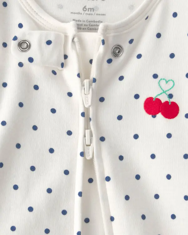 Baby Girl Cherry 2-Way Zip 100% Cotton Sleeper - White 1 Image