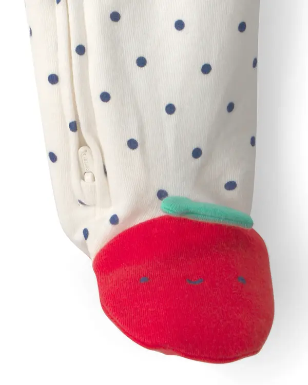 Baby Girl Cherry 2-Way Zip 100% Cotton Sleeper - White 3 Image