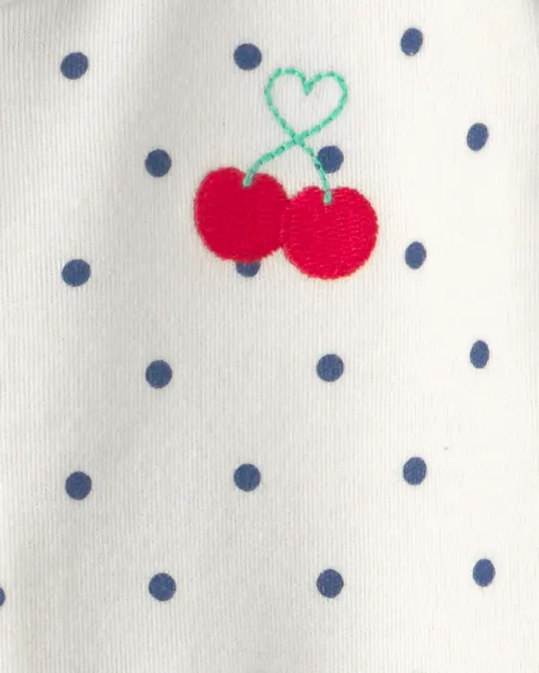 Baby Girl Cherry 2-Way Zip 100% Cotton Sleeper - White 4 Image