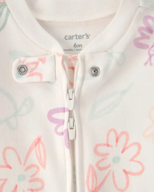 Baby Girl Spring Floral 2-Way Zip 100% Cotton Sleeper - Ivory 1 Image