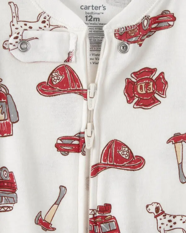Baby Boy Firetruck 100% Cotton Snug Fit 1-Piece Pyjama Set - White 2 Image