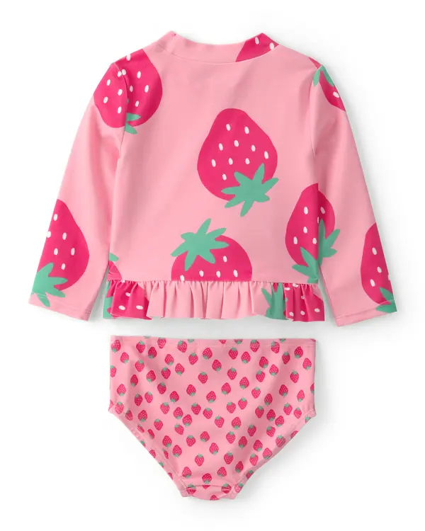  Baby Girl 2-Piece Strawberry Rashguard Swimsuit Set - Pink 1 Image