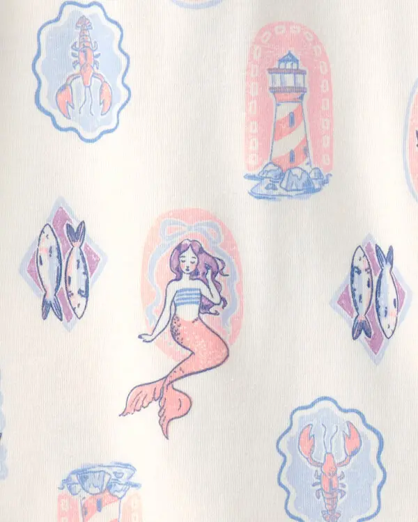  Girls Mermaid 100% Cotton Snug Fit 4-Piece Pyjama Set - Blue/Ivory 2 Image