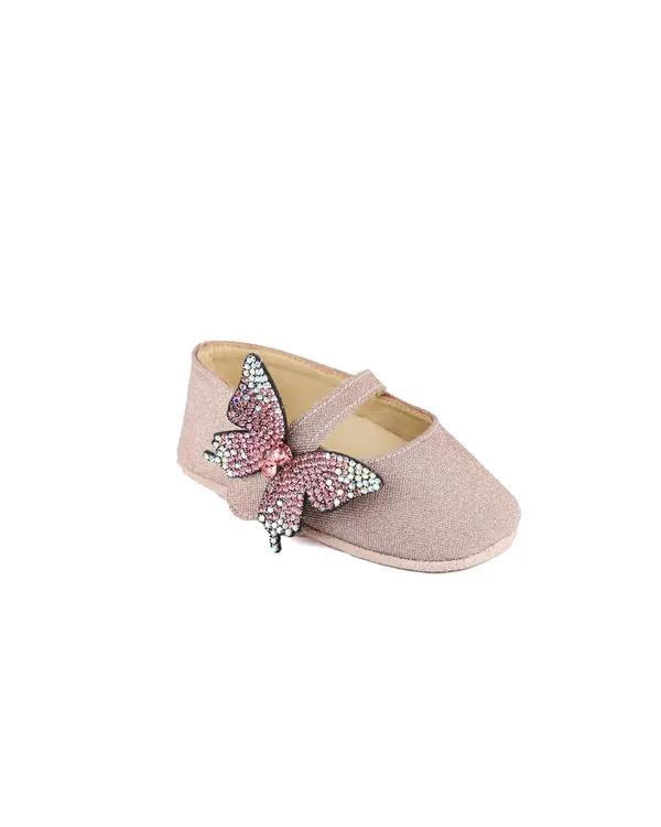 Strassed Butterfly Embellished Single Strap Glitter Fabric Ballerinas 1 Image
