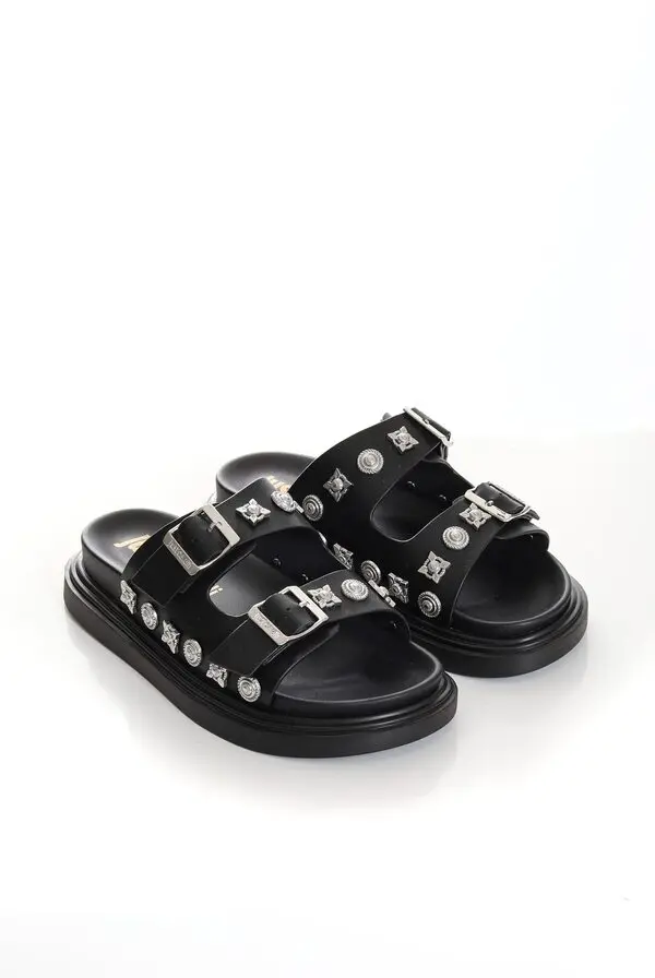 Studded Double-Strap Leather Slides 1 Image