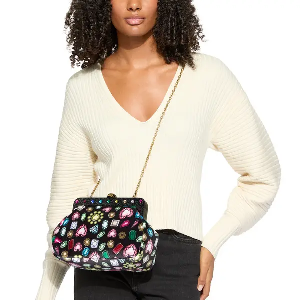 Jeweled Velvet Pouch Clutch with Crystal Frame 6 Image