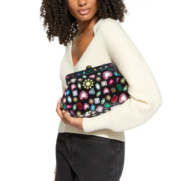 Jeweled Velvet Pouch Clutch with Crystal Frame 7 Image