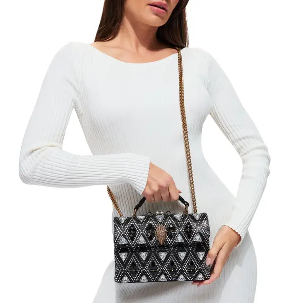 Mini Silver Grid Crystal Kensington Crossbody Bag with Gold Chain 2 Image