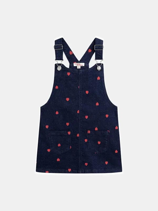Denim Pinafore Dress With Red Heart Embroidery 1 Image