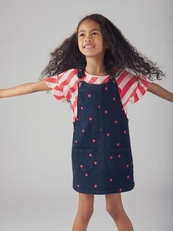 Denim Pinafore Dress With Red Heart Embroidery 2 Image