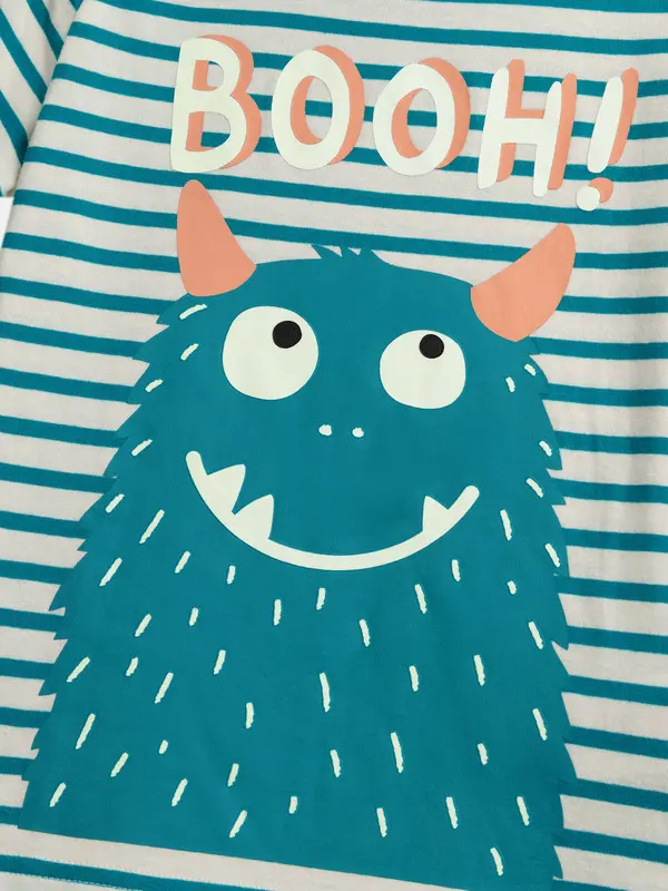 Phosphorescent Striped Short Pyjamas with "Funny Monster" Pattern 3 Image