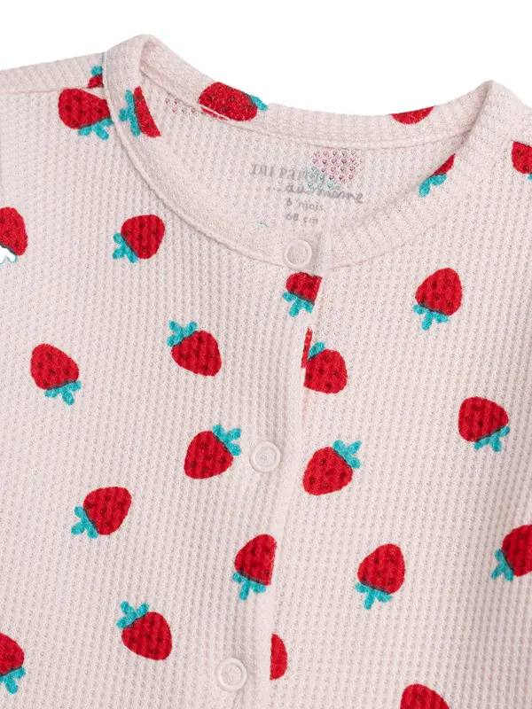 Pink Waffle Knit Strawberry Romper 2 Image