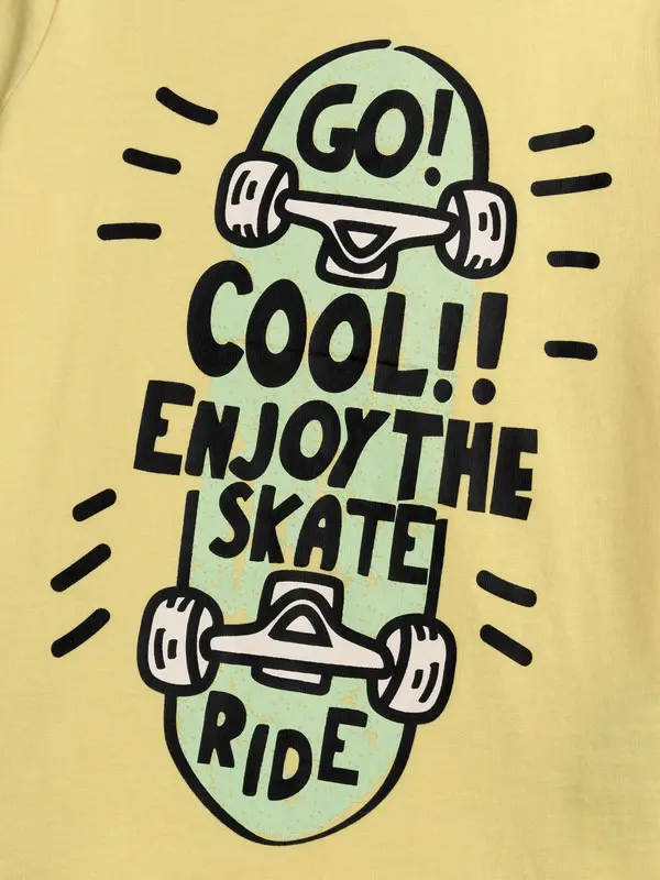 Yellow T-shirt & Mint Striped Shorts Set with "Enjoy the Skate Ride" Print 1 Image