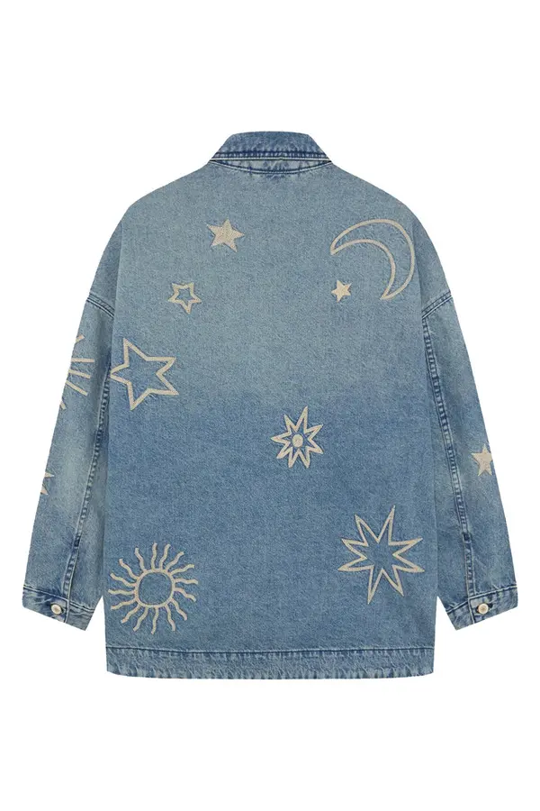 Embroidered Long Denim Jacket 1 Image