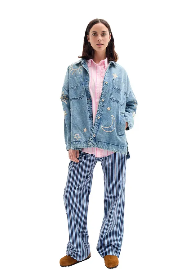 Embroidered Long Denim Jacket 2 Image