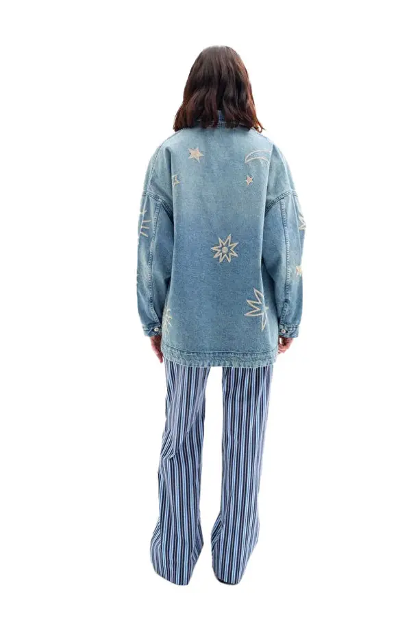 Embroidered Long Denim Jacket 3 Image