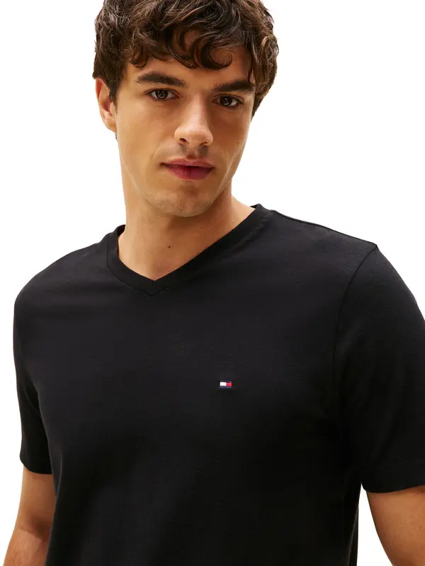 Plain Cotton V-neck Short Sleeve T-shirt 1 Image