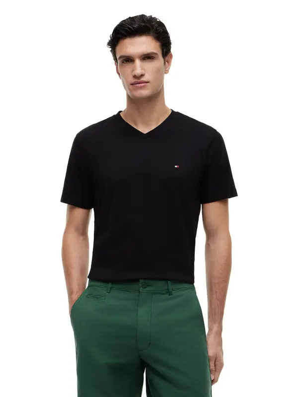 Plain Cotton V-neck Short Sleeve T-shirt 2 Image